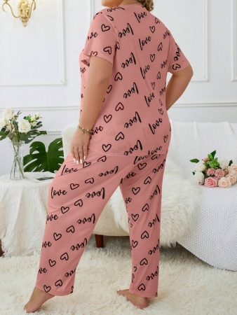 Plus Size Heart & Letter Print T-shirt And Pants Pajama Set - Image 26