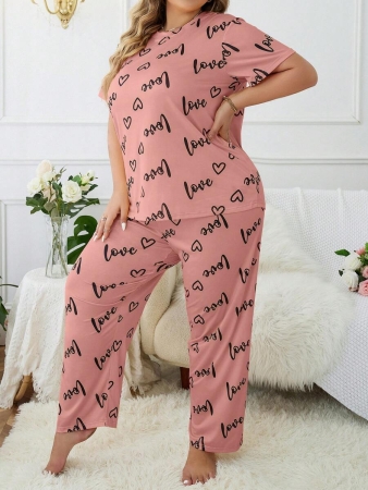 Plus Size Heart & Letter Print T-shirt And Pants Pajama Set - Image 27