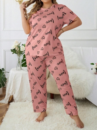 Plus Size Heart & Letter Print T-shirt And Pants Pajama Set - Image 28