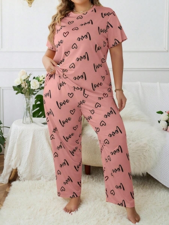 Plus Size Heart & Letter Print T-shirt And Pants Pajama Set - Image 29