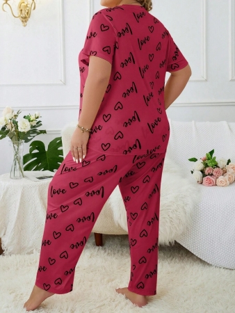 Plus Size Heart & Letter Print T-shirt And Pants Pajama Set - Image 31