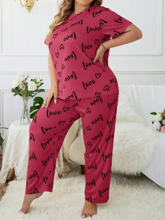 Plus Size Heart & Letter Print T-shirt And Pants Pajama Set - Image 32