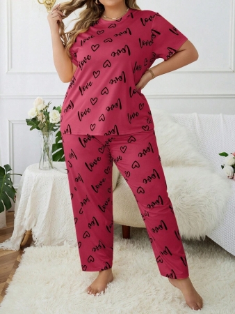 Plus Size Heart & Letter Print T-shirt And Pants Pajama Set - Image 33