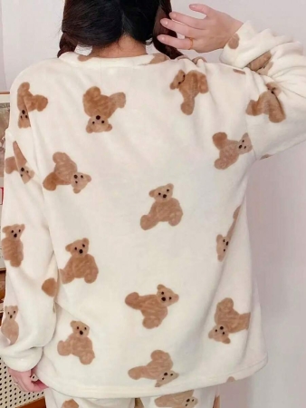 2pcs Winter Sleepwear Set, Flannel Pajama Set With Cute Bear Print, Simple And Fashionable Sleepwear,Two Pieces Set, Fall Winter Clothes - Image 6