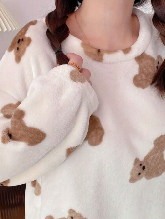 2pcs Winter Sleepwear Set, Flannel Pajama Set With Cute Bear Print, Simple And Fashionable Sleepwear,Two Pieces Set, Fall Winter Clothes - Image 8