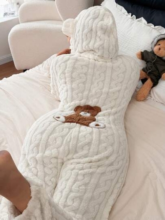 Dream Adore Plus Size Women Teddy Bear Embroidery Jacquard Cozy Hooded Jumpsuit Pajamas