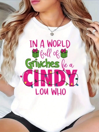 Christmas Theme Printed "IN A WORLD Full Of Grinches Be A CINDY LOU WHO" Round Neck Short Sleeve Top, Soft And Comfortable, Autumn Casual Wear, Suitable For Both Men And Women, Printed T-Shirt - Image 6