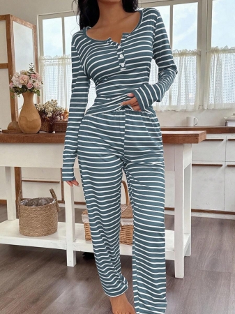 SHEIN Women's Front Button Casual Striped Print Long Sleeve Red And White Striped Top & Pants Pajama Set, Fall Clothes  Cozy And Elegant Details - Image 6