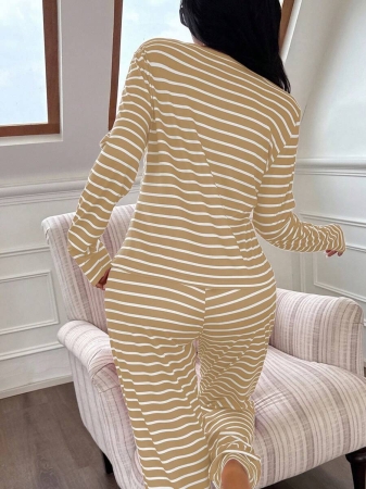 SHEIN Women's Front Button Casual Striped Print Long Sleeve Red And White Striped Top & Pants Pajama Set, Fall Clothes  Cozy And Elegant Details - Image 9