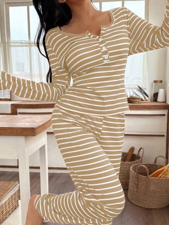 SHEIN Women's Front Button Casual Striped Print Long Sleeve Red And White Striped Top & Pants Pajama Set, Fall Clothes  Cozy And Elegant Details - Image 10