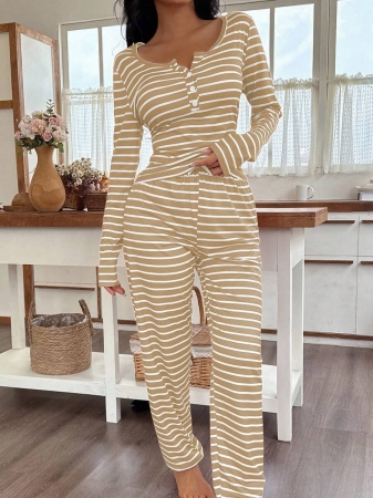 SHEIN Women's Front Button Casual Striped Print Long Sleeve Red And White Striped Top & Pants Pajama Set, Fall Clothes  Cozy And Elegant Details - Image 11