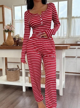 SHEIN Women's Front Button Casual Striped Print Long Sleeve Red And White Striped Top & Pants Pajama Set, Fall Clothes  Cozy And Elegant Details - Image 18