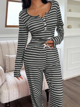 SHEIN Women's Front Button Casual Striped Print Long Sleeve Red And White Striped Top & Pants Pajama Set, Fall Clothes  Cozy And Elegant Details - Image 23