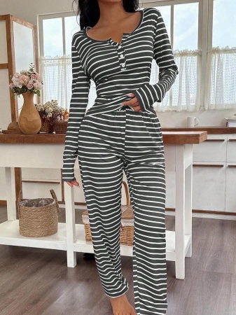 SHEIN Women's Front Button Casual Striped Print Long Sleeve Red And White Striped Top & Pants Pajama Set, Fall Clothes  Cozy And Elegant Details - Image 24