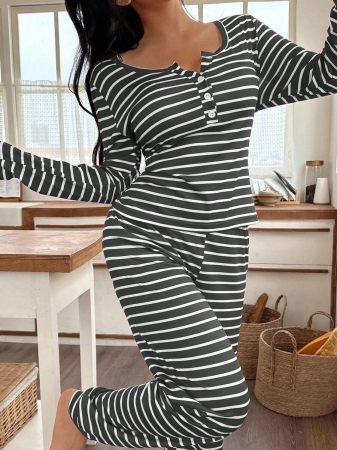 SHEIN Women's Front Button Casual Striped Print Long Sleeve Red And White Striped Top & Pants Pajama Set, Fall Clothes  Cozy And Elegant Details - Image 25