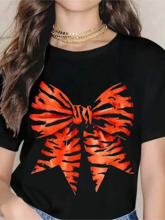 Women's White T-Shirt With Orange Tiger Stripe Bow Print - Casual Streetwear For Everyday Wear