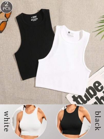 2pcs Women's Multicolor Camisole, Solid Color Plus Size Camisole, Tight-Fitting Sleeveless Undershirt, Seamless Sports Camisole, Racerback Camisole Moisture Wicking Thin Loose