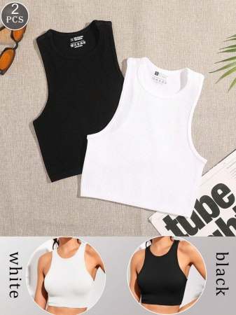 2pcs Women's Multicolor Camisole, Solid Color Plus Size Camisole, Tight-Fitting Sleeveless Undershirt, Seamless Sports Camisole, Racerback Camisole Moisture Wicking Thin Loose - Image 2