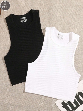 2pcs Women's Multicolor Camisole, Solid Color Plus Size Camisole, Tight-Fitting Sleeveless Undershirt, Seamless Sports Camisole, Racerback Camisole Moisture Wicking Thin Loose - Image 3