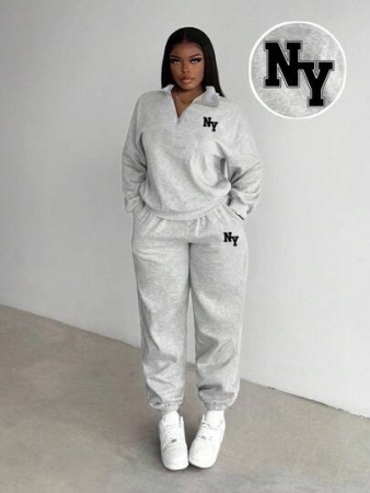 Slaydiva Women's Casual High Neck Zip-Up Loose Long Sleeve NY Letter Print Thermal Lined Sweatshirt And Pants Set, Suitable For Autumn/Winter Street Style