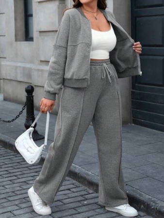 Easura 2pcs Plus Size Casual Zip-Front Top And Drawstring Pants Set Fall Cloth For Women