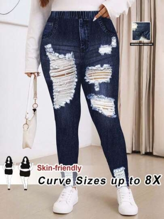SHEIN CURVE+ Plus Size Fashion Denim Effect Print Slim Fit Pants, Suitable For Autumn/Winter