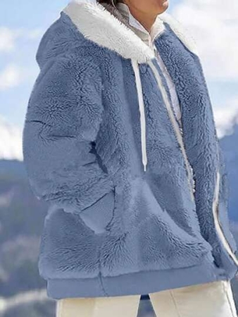 Plus Size Teddy Jacket With Color Blocking And Zipper, Winter Fall Autumn