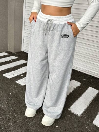 SHEIN EZwear Plus Size Women's Letter Print Drawstring Waist Pockets Wide Leg Casual Loose Sweatpants Graduation,Back To School Outfits,Graduation,Teacher Outfits For Women,Back To School