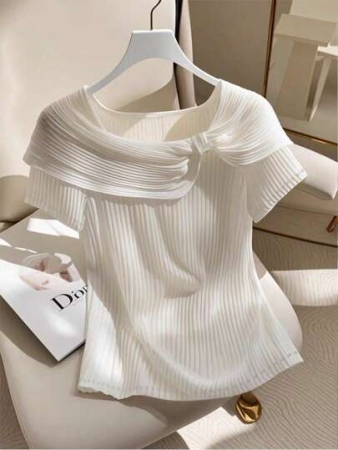 SHEIN EMERY ROSE CURVE Plus Size Women's Solid Color Twist Knot Short Sleeve Ribbed Casual Versatile T-Shirt