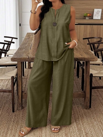 EMERY ROSE 2pcs/Set Plus Size Casual Solid Color Sleeveless Top And Pants Set - Image 7