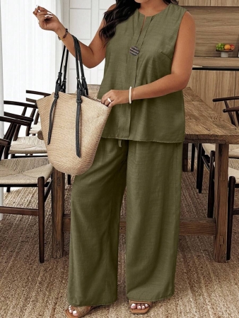 EMERY ROSE 2pcs/Set Plus Size Casual Solid Color Sleeveless Top And Pants Set - Image 9
