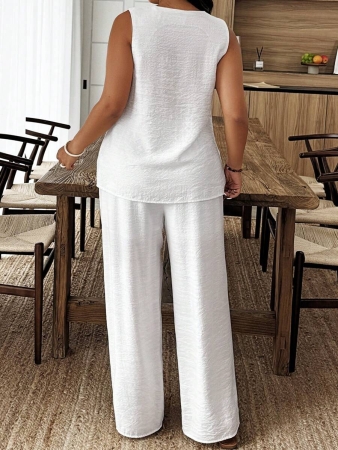 EMERY ROSE 2pcs/Set Plus Size Casual Solid Color Sleeveless Top And Pants Set - Image 11