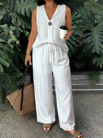 EMERY ROSE 2pcs/Set Plus Size Casual Solid Color Sleeveless Top And Pants Set - Image 13