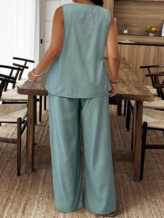 EMERY ROSE 2pcs/Set Plus Size Casual Solid Color Sleeveless Top And Pants Set - Image 16