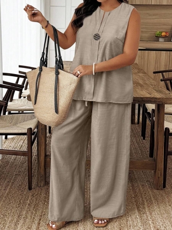 EMERY ROSE 2pcs/Set Plus Size Casual Solid Color Sleeveless Top And Pants Set - Image 20