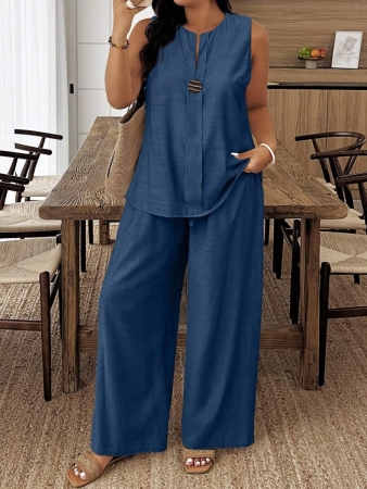 EMERY ROSE 2pcs/Set Plus Size Casual Solid Color Sleeveless Top And Pants Set - Image 21