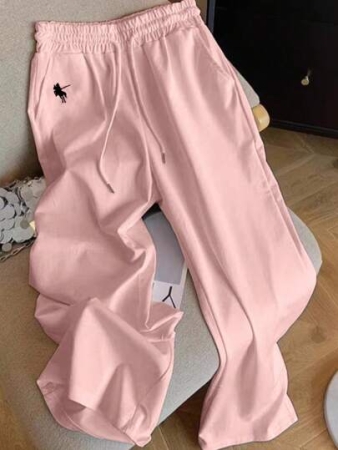 SHEIN New Casual Pony Embroidery Solid Color Straight Leg Pants For Plus Size Women