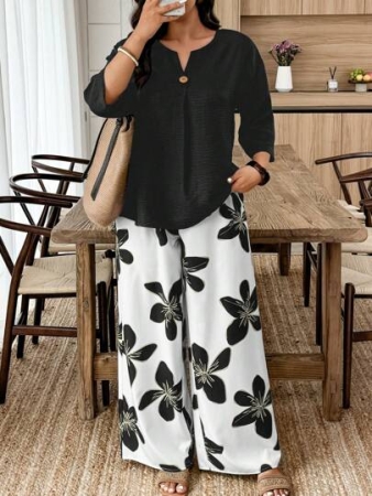 2pcs Plus Size Casual Vacation Set: Solid Color Shirt & Floral Print Wide Leg Pants