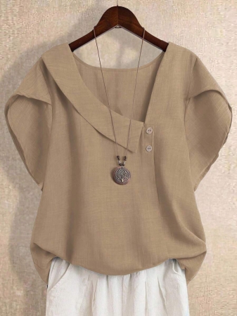 Linhara Women's Asymmetric Peplum Short Sleeve Casual Blouse For Summer - Image 2