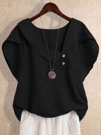 Linhara Women's Asymmetric Peplum Short Sleeve Casual Blouse For Summer - Image 11