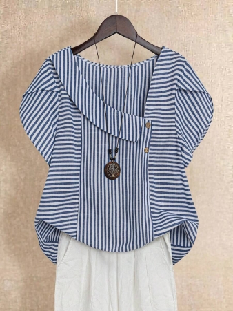 Linhara Women's Asymmetric Peplum Short Sleeve Casual Blouse For Summer - Image 21