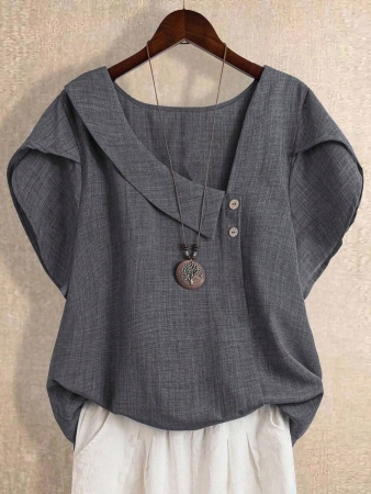 Linhara Women's Asymmetric Peplum Short Sleeve Casual Blouse For Summer - Image 46