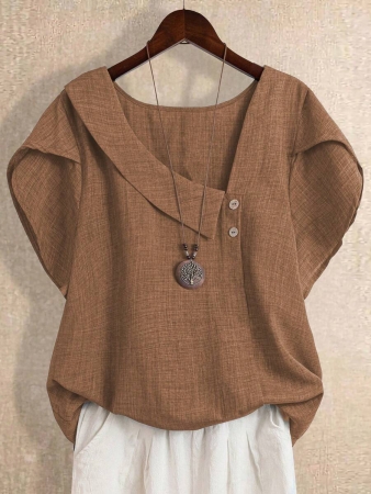 Linhara Women's Asymmetric Peplum Short Sleeve Casual Blouse For Summer - Image 56