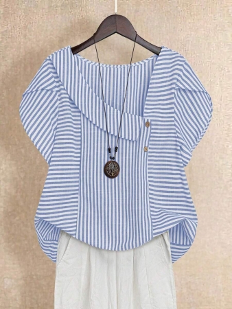 Linhara Women's Asymmetric Peplum Short Sleeve Casual Blouse For Summer - Image 101