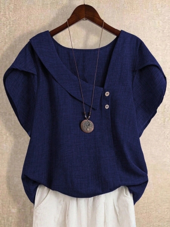 Linhara Women's Asymmetric Peplum Short Sleeve Casual Blouse For Summer - Image 111