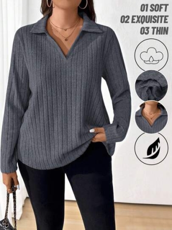 EMERY ROSE Plus Size Solid Color Casual Long Sleeve T-Shirt, Suitable For Spring And Autumn Fall Cloth For Women