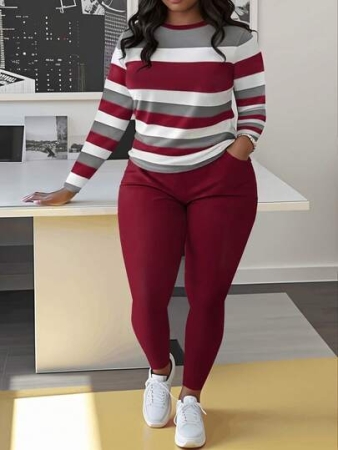 Plus Size Striped Long Sleeve Top And Solid Color Pants Set - Casual Polyester Blend With Pocket Detail, Medium Stretch Fabric, Round Neck Women'S Plus Size Outfit