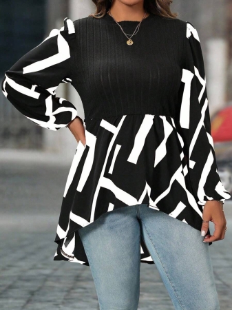 SHEIN Clasi Plus Size Women Geometric Print Round Neck Lantern Sleeve Asymmetric Hem Casual Top - Image 12