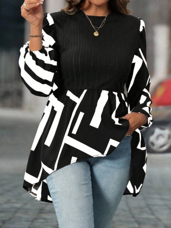 SHEIN Clasi Plus Size Women Geometric Print Round Neck Lantern Sleeve Asymmetric Hem Casual Top - Image 13