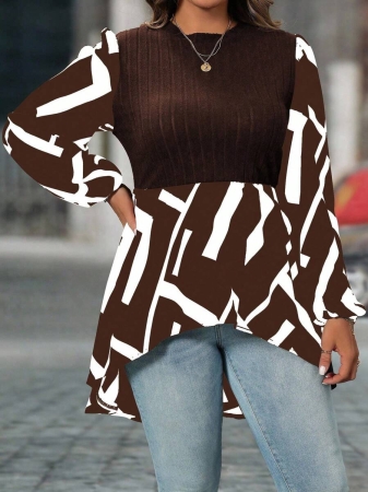 SHEIN Clasi Plus Size Women Geometric Print Round Neck Lantern Sleeve Asymmetric Hem Casual Top - Image 18